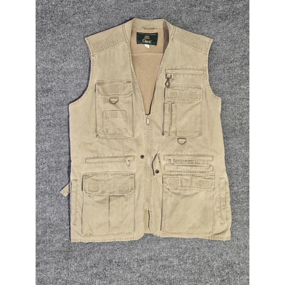 Vintage ORVIS Fishing Vest Leather Trim Tan Hunting Mesh Back Safari Mens Medium